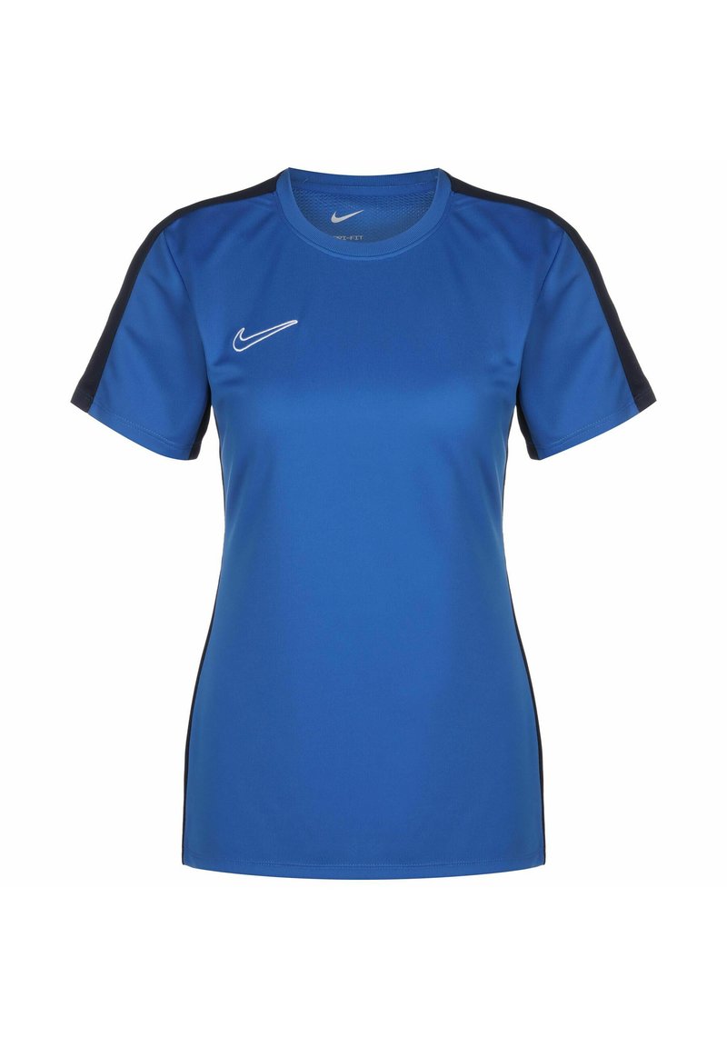 T-shirt de sport Nike bleu à manches courtes, avec des panneaux latéraux sombres et un logo blanc sur la poitrine. Fabriqué en tissu léger et respirant.