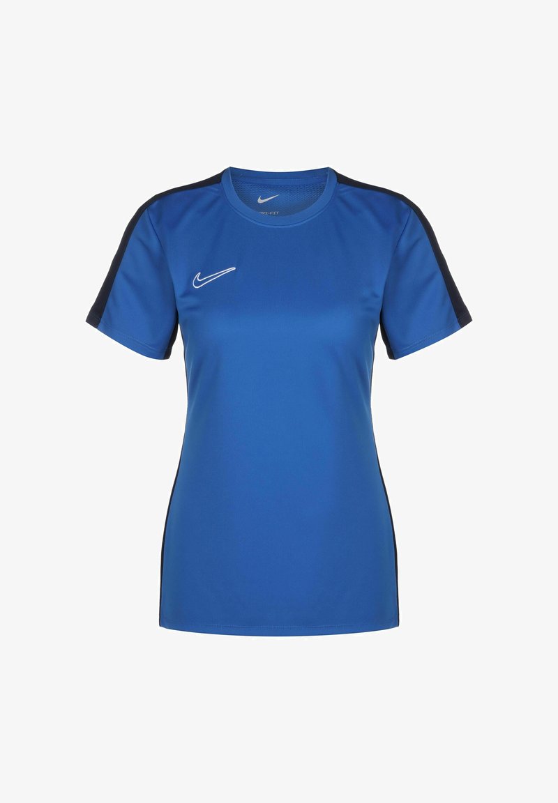 Blue athletic Nike t-shirt with short sleeves, featuring dark side panels and a white logo on the chest. Made from lightweight, breathable fabric.