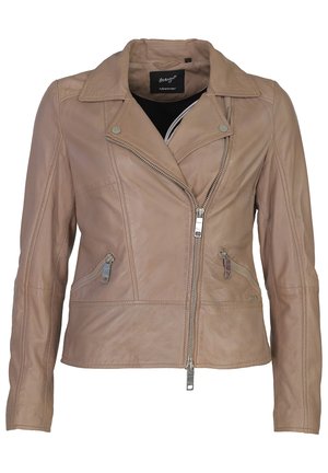 Hellbraune Lederjacke mit tailliertem Design, asymmetrischem Reißverschluss und seitlichen Taschen mit dekorativen Reißverschlüssen.