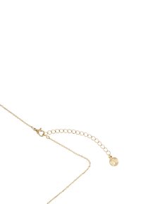 Gouden ketting met krokodillslot en een verstelbare verlenging met een ronde hanger aan het uiteinde.