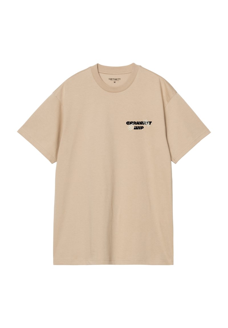 Camiseta de algodón beige de manga corta y cuello redondo. Presenta un pequeño estampado gráfico negro en la parte izquierda del pecho.