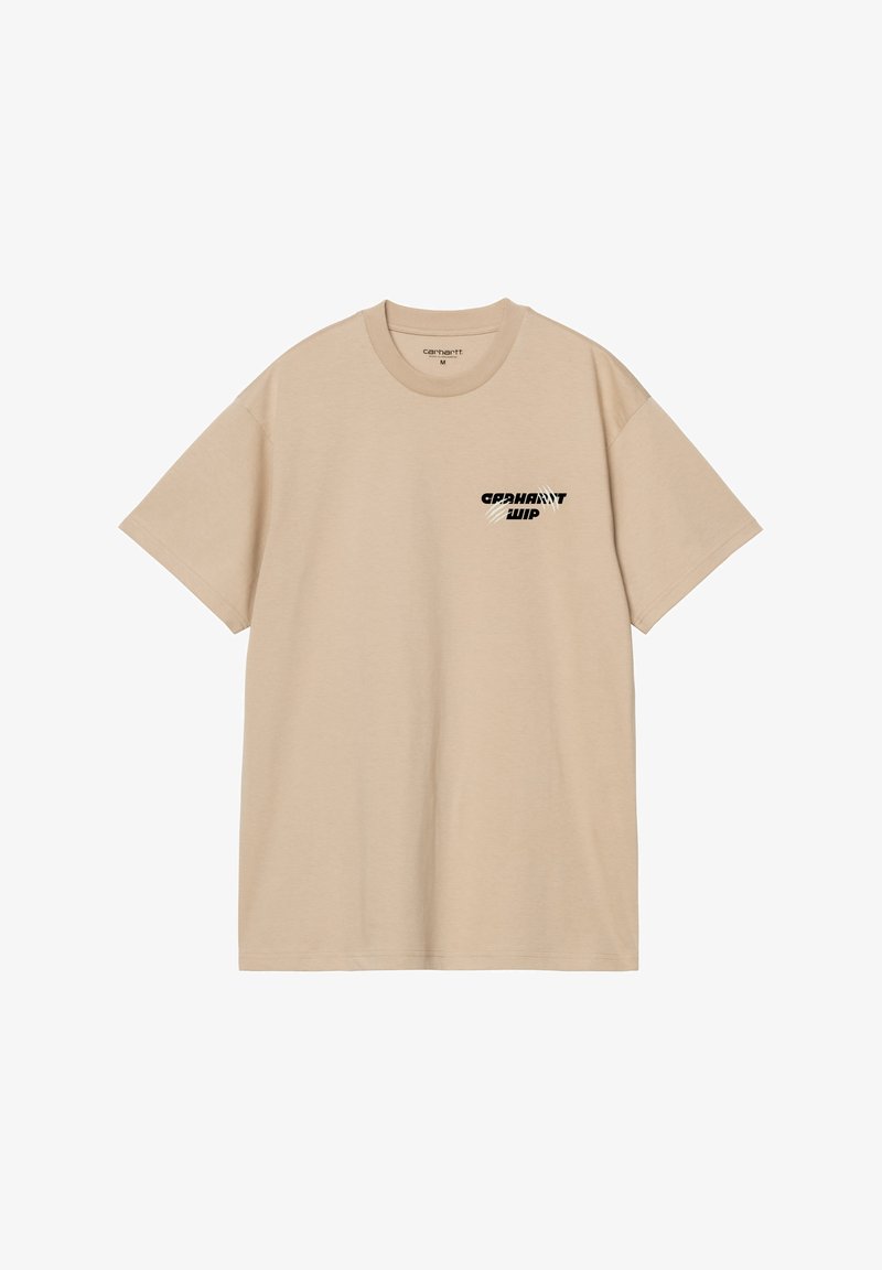 Beige bomuld t-shirt med korte ærmer og rund halsudskæring. Har et lille sort grafisk print på venstre bryst.