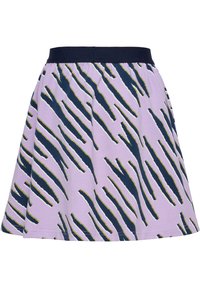 Rok van lichtgewicht stof met een paarse basis en abstracte groene en marineblauwe strepen. Elastische tailleband zorgt voor comfort.