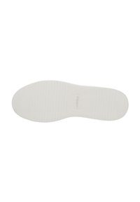 Weißer Schuhboden mit vertikalen Riffelungen und glatten Kanten. Markenname in der Mitte eingeprägt. Entworfen für Komfort und Unterstützung.