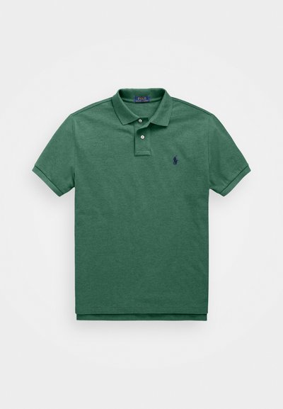 Grønn kortermet polo-skjorte med to knapper og marineblå Ralph Lauren-logo på venstre bryst.