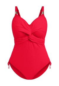 Maillot de bain une pièce rouge avec un design à l'avant torsadé, tissu texturé, bretelles ajustables et liens latéraux pour personnaliser l'ajustement.
