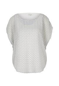 Blouse blanche avec manches courtes larges et un motif répétitif de petits demi-cercles gris foncé sur tout le tissu.