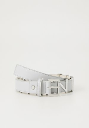 Light gray leather belt with a smooth texture, featuring a silver buckle and an accent with an 'N' design on the hardware.