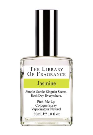 Flacon de parfum en verre clair avec un capuchon en argent. L'étiquette présente un texte noir en gras et une section jaune clair indiquant "Jasmin." Capacité de 30 mL.