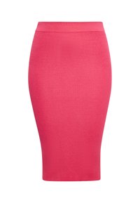 Fustă tip creion dintr-un material ribit de culoare roz aprins, cu un design ajustat, o talie netedă și o tăietură până la genunchi.