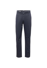 Pantaloni da uomo blu navy realizzati in cotone, con taglio dritto, tasche frontali e zip con chiusura a un bottone.