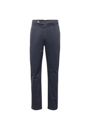 Pantaloni da uomo blu navy realizzati in cotone, con taglio dritto, tasche frontali e zip con chiusura a un bottone.