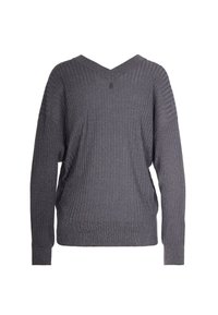 Maglione grigio a coste con scollatura a V, maniche lunghe e tessuto testurizzato. Include un motivo uniforme e una chiusura posteriore discreta.
