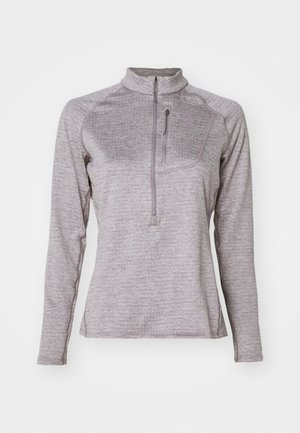 Light gray long-sleeve zip-up shirt made of textured fabric, featuring a high collar and a chest pocket with a zipper.
