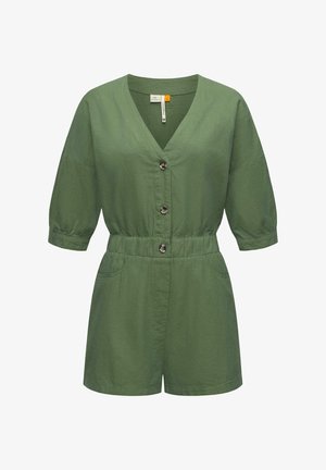 Green short-sleeve jumpsuit made of lightweight fabric. Features a V-neckline, button front, elastic waist, and two front pockets.