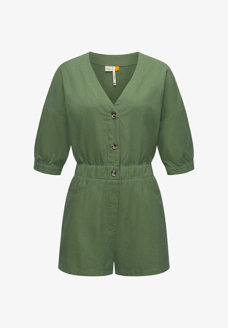 Green short-sleeve jumpsuit made of lightweight fabric. Features a V-neckline, button front, elastic waist, and two front pockets.