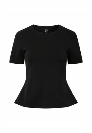 Blouse noire cintrée à manches courtes avec encolure ronde et légère évasement à la taille.