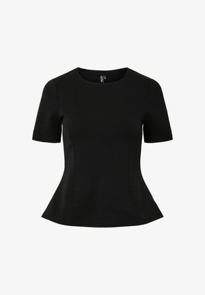 Blouse noire cintrée à manches courtes avec encolure ronde et légère évasement à la taille.