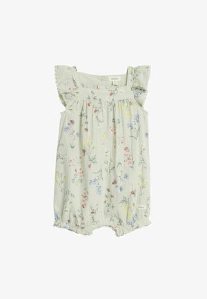 Lichtgroene baby romper met meerkleurige bloemenprint, geplooide schouderbandjes en elastische beenopeningen.