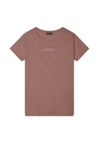 T-shirt color rosa realizzato in tessuto morbido, con scollatura rotonda e applicazioni di strass sparsi, logo "FREDDY" centrato sul petto.