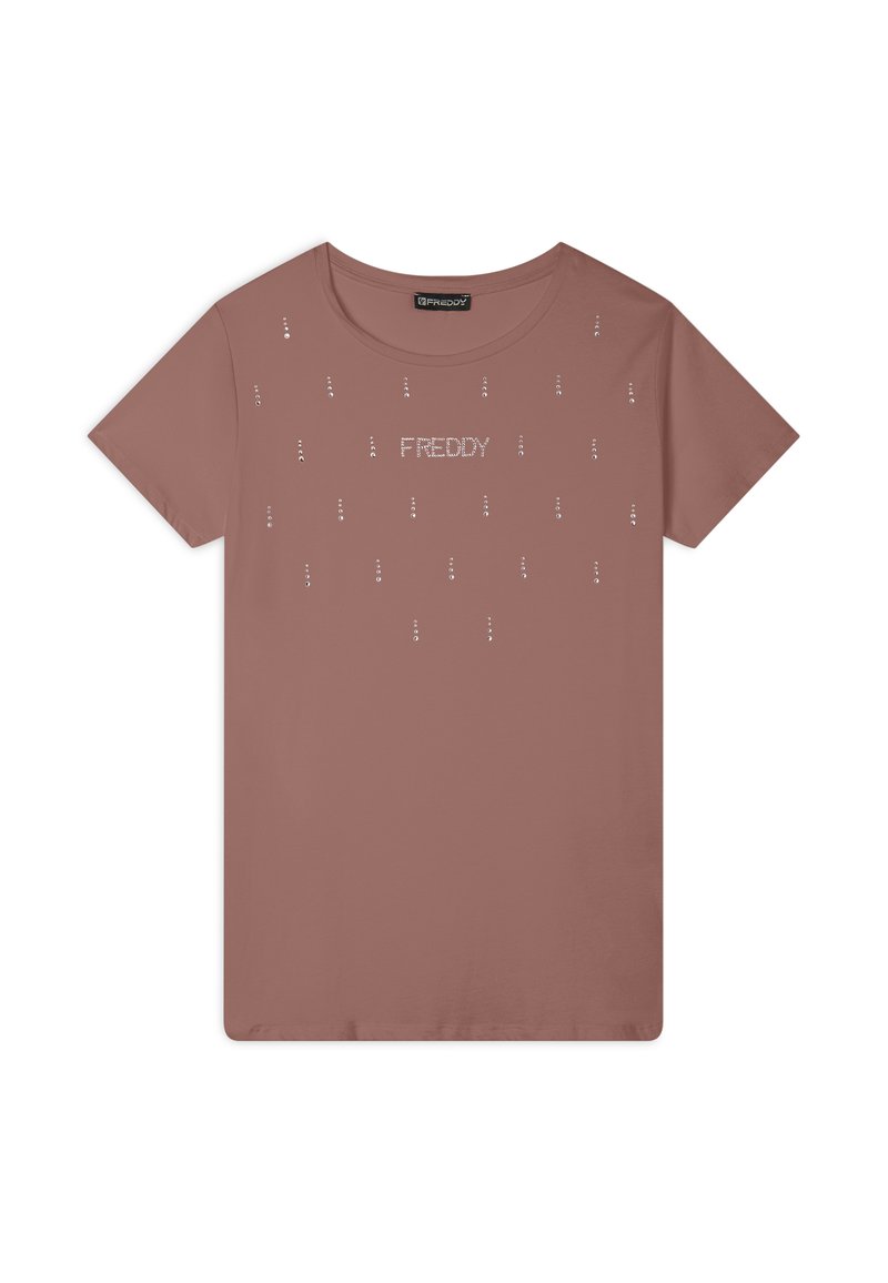 T-shirt color rosa realizzato in tessuto morbido, con scollatura rotonda e applicazioni di strass sparsi, logo "FREDDY" centrato sul petto.