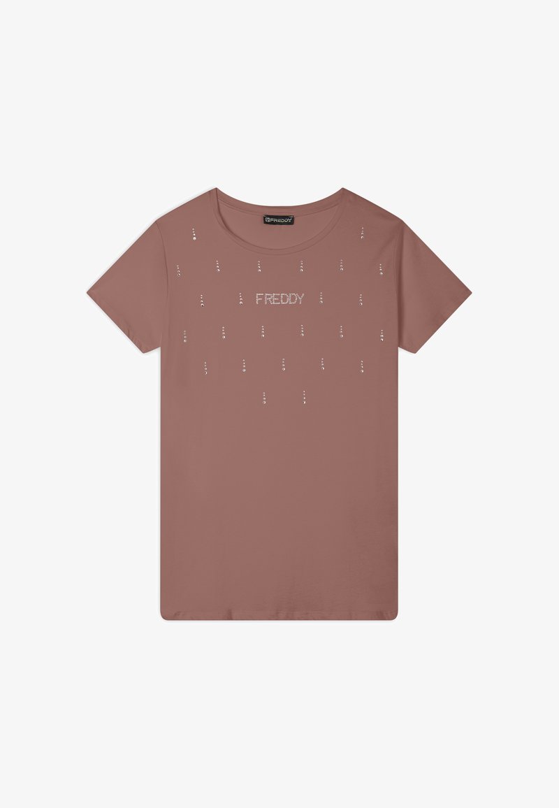 Camiseta rosa de tela suave, con cuello redondo y acentos de strass dispersos, con el logo "FREDDY" centrado en el pecho.
