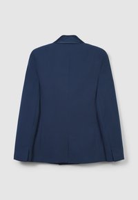 Blazer ajusté bleu marine à manches longues, avec col cranté et fente au dos, présenté à plat sur un fond clair uni.
