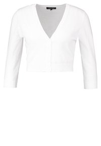 Bílý krátký svetr s výstřihem do V, dlouhými rukávy a zapínáním na knoflíky. Měkká pletená textura, přiléhavý střih a žebrované manžety.