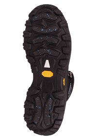 Czarna podeszwą Vibram o szorstkiej teksturze, z głębokimi bieżnikami i niebieskimi kropeczkami oraz wyraźnym żółtym logo dla lepszej przyczepności.