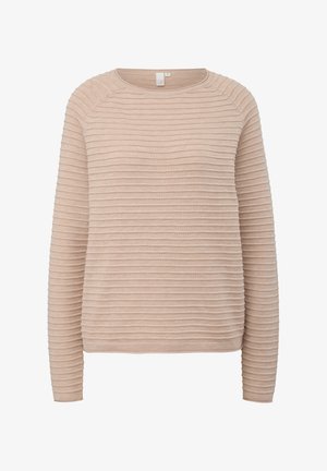 Bēšas krāsas džemperis ar vertikālu ribotu tekstūru, apaļu kakla izgriezumu un garām piedurknēm. Mīksts materiāls ar brīvu piegriezumu un diskrētu šuvju detaļu.