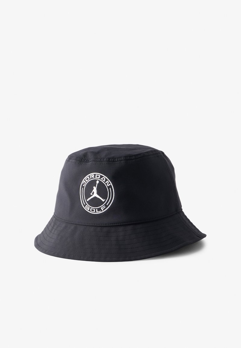 Chapeau bob noir avec un logo circulaire blanc Jordan Golf représentant la silhouette d'un golfeur brodée à l'avant.