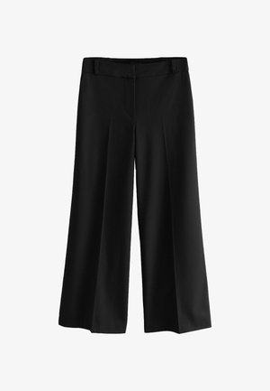 Sorte brede bukser med en glat stofkvalitet, der har høj talje, folder og et skrædder-agtigt design. Ingen synligt hardware eller mønstre.