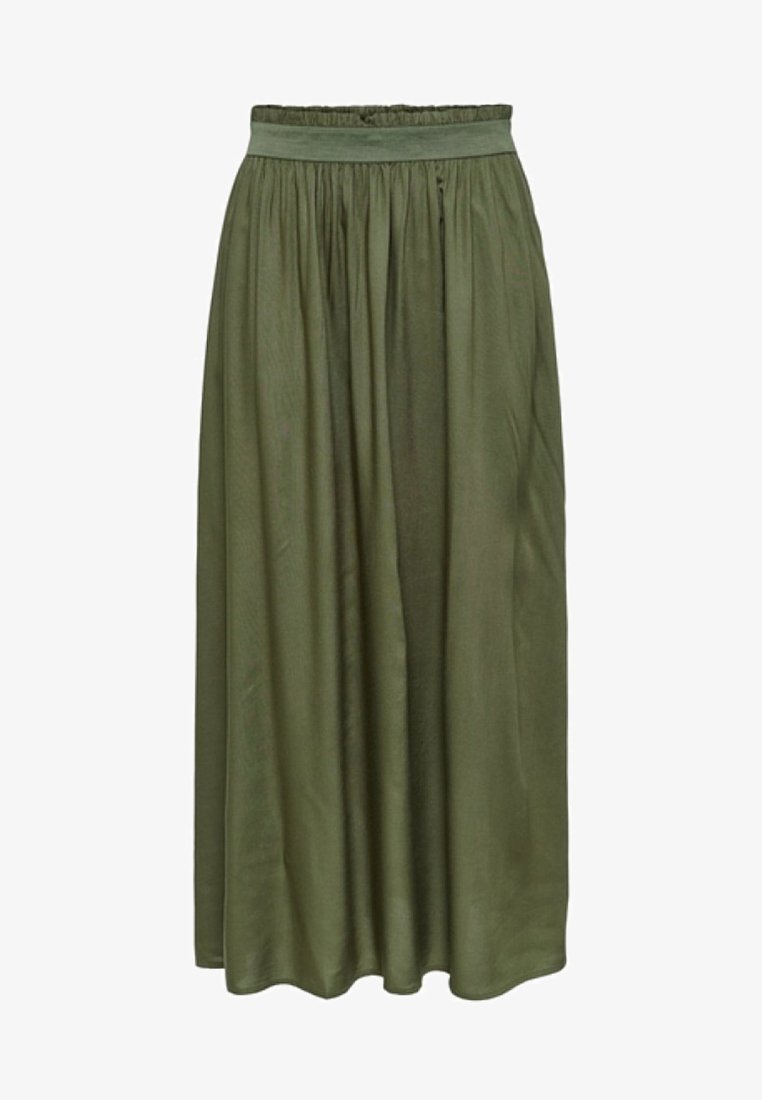 Jupe longue vert olive en tissu lisse avec une taille élastique, dotée de plis pour un design fluide et une texture douce.