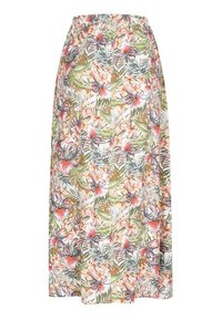Maxirock mit elastischem Bund, versehen mit einem tropischen Blumenmuster in Pink, Grün und Weiß, gefertigt aus leichtem Stoff.