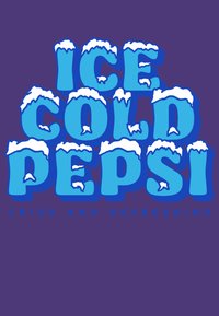 Un testo blu con accenti nevosi recita "PEPSI GHIACCIATA" su uno sfondo viola. Sotto, un testo più piccolo afferma "FRESCA E RINFRESCANTE."