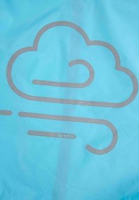 Stylizowana szara chmura z liniami wiatru na jasnoniebieskiej tkaninie, z małym napisem „lemo'n” w pobliżu dolnego środka.