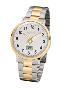 Montre en métal argenté et doré avec un cadran rond, des chiffres arabes, un affichage numérique et une finition polie sur le bracelet.