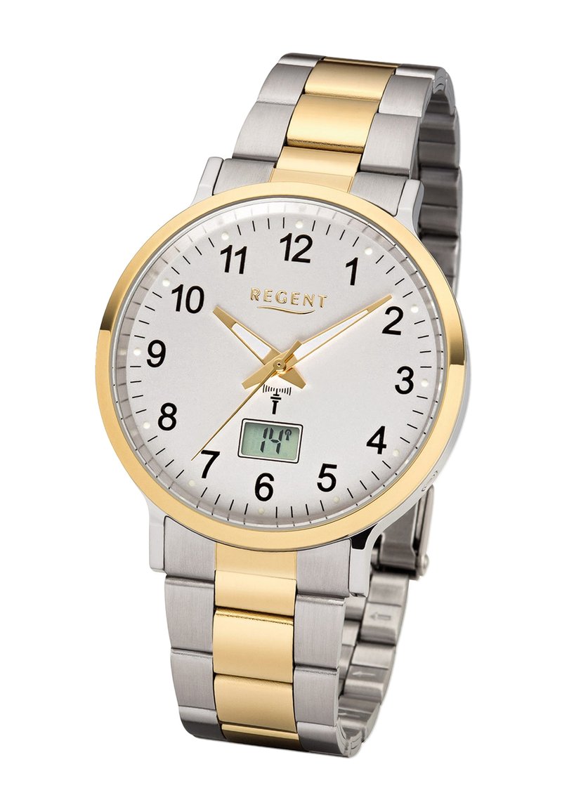 Montre en métal argenté et doré avec un cadran rond, des chiffres arabes, un affichage numérique et une finition polie sur le bracelet.