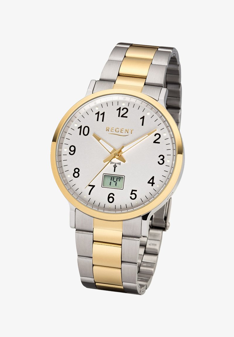 Montre en métal argenté et doré avec un cadran rond, des chiffres arabes, un affichage numérique et une finition polie sur le bracelet.