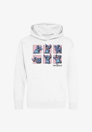 Biała bluza z kapturem z sześcioma panelami przedstawiającymi kreskówkowego Stitcha w różnych pozach na różowym tle. Wykonana z miękkiego materiału z przednią kieszenią.