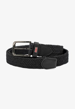 Gevlochten zwarte riem van elastisch materiaal, met een metalen gesp en leren accenten. Eenvoudig en flexibel ontwerp voor een verstelbare pasvorm.