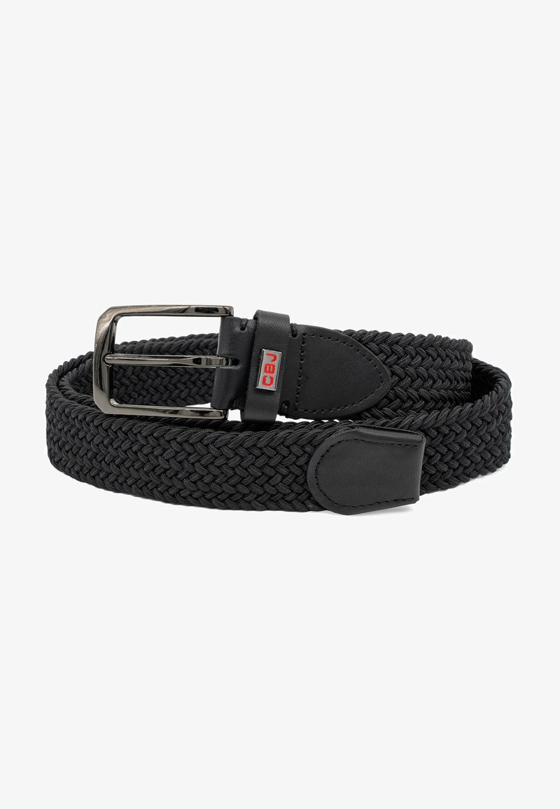 Gevlochten zwarte riem van elastisch materiaal, met een metalen gesp en leren accenten. Eenvoudig en flexibel ontwerp voor een verstelbare pasvorm.