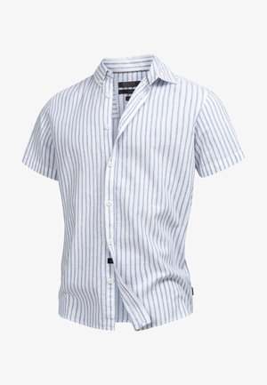 Korte mouwen overhemd in lichtblauw en witte strepen, met een button-down kraag, katoenen stof en een rechte zoom.