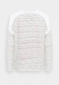 Suéter blanco de manga larga con un patrón texturizado a rayas. Presenta detalles de malla en los hombros y un escote redondeado.
