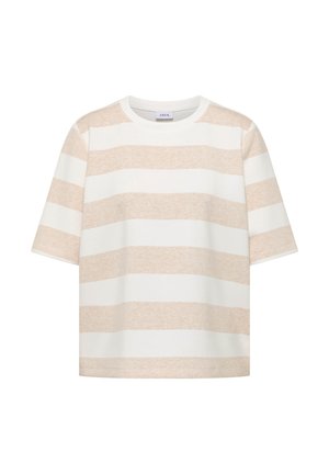 Korte mouw T-shirt met brede horizontale beige en witte strepen en een ronde hals.