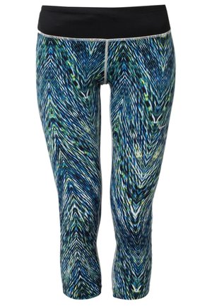 Legginsy o długości capri z wzorem w stylu Chevron w kolorach niebieskim, zielonym i czarnym oraz jednobarwnym czarnym pasem w talii.