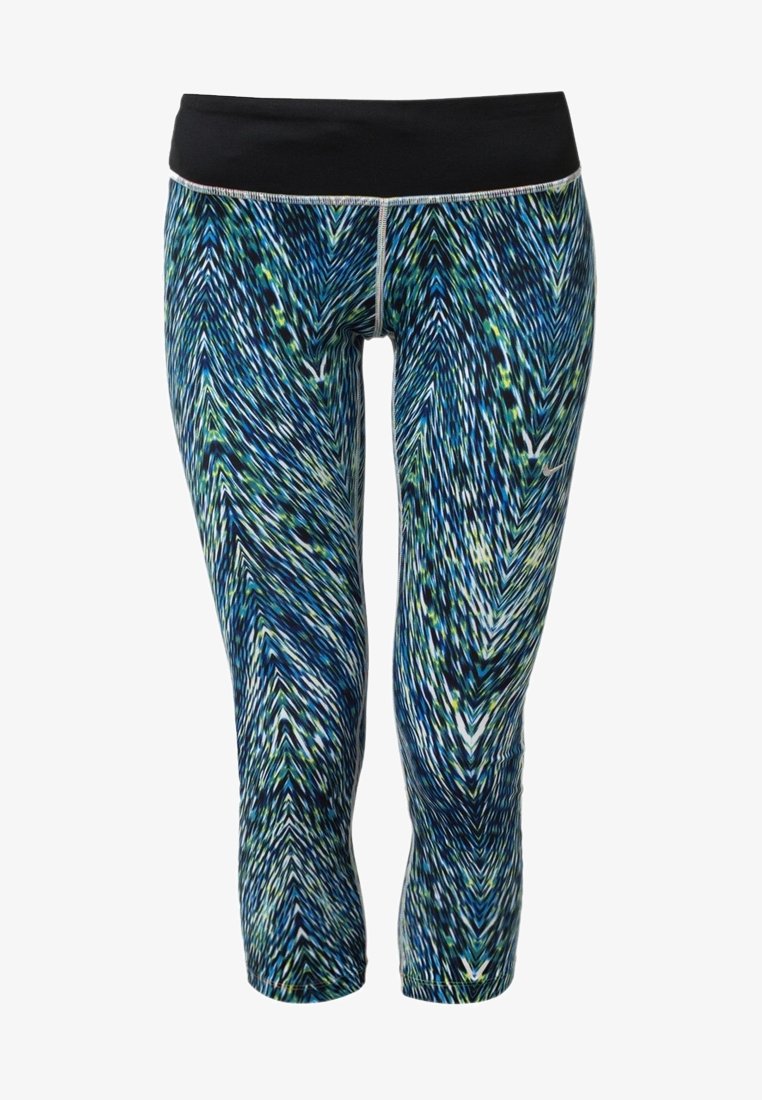 Leggings longueur capri avec motif Chevron bleu, vert et noir et une ceinture noire unie.