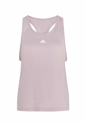 Débardeur de sport lavande sans manches avec un dos nageur et un logo Adidas blanc centré sur la poitrine.