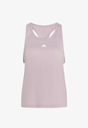 Débardeur de sport lavande sans manches avec un dos nageur et un logo Adidas blanc centré sur la poitrine.