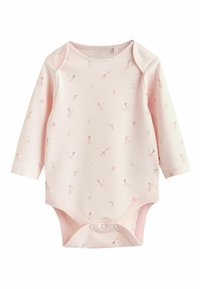 Lyserød langærmet babybody med blomsterprint og eventyrmotiver. Blødt stof med trykknapper i bunden og rundet halsudskæring.